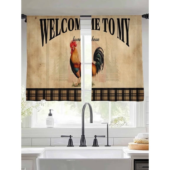 WELCOME TO MY FARMHOUSE Sheer Curtains 54 inches Long, Country Rooster Brown Stripe Red Barn Retro Light Filtering Sheer Window Curtains Rod Pocket Voile Drapes for Bedroom Living Room, 2 Panels