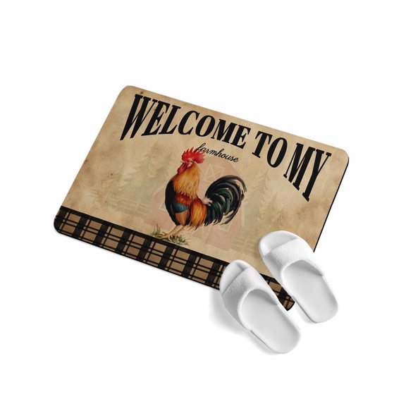 WELCOME TO MY FARMHOUSE Soft Diatomaceous Earth Mat, Country Rooster Brown Stripe Red Barn Retro Absorbent Bathroom Mat Non Slip Rubber Backed Quick Dry Doormat Fit Under Door for Kitchen 16"x24"