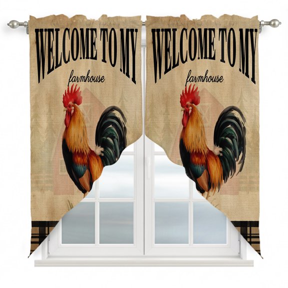 WELCOME TO MY FARMHOUSE Swag Curtain Valance for Window 2 Panels Country Rooster Brown Stripe Red Barn Retro Rod Pocket Small Window Swag Valances for Kitchen Bedroom Bathroom 28" W x 36" L