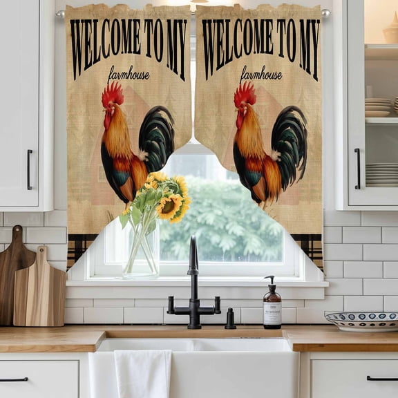 WELCOME TO MY FARMHOUSE Swag Curtain Valance for Windows, Country Rooster Brown Stripe Red Barn Retro Window Treatments Short Swag Topper for Kitchen Windows Bathroom Bedroom, 36"x36"