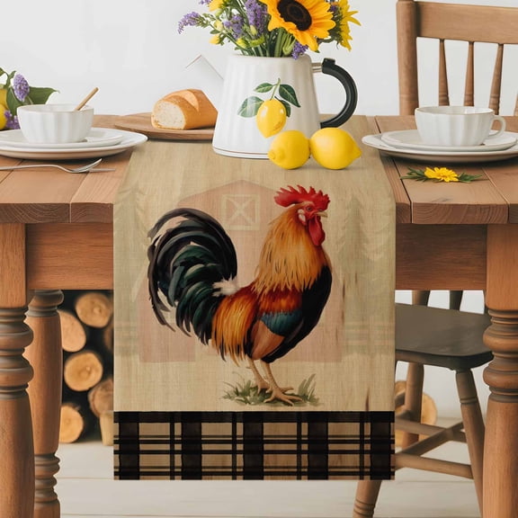 WELCOME TO MY FARMHOUSE Table Runner 13x36 Inch Country Rooster Brown Stripe Red Barn Retro Cotton Linen Dining Table Runner Ideal for Dresser Kitchen Coffee Tables - Machine Washable