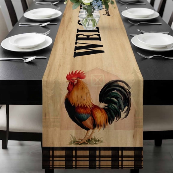 WELCOME TO MY FARMHOUSE Table Runner, Country Rooster Brown Stripe Red Barn Retro Washable Cotton-linen Table Runners Dining Kitchen Decoration for Everyday Home Wedding Party Decor, 13 x 36 Inch