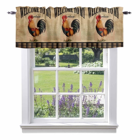 WELCOME TO MY FARMHOUSE Valances for Windows Country Rooster Brown Stripe Red Barn Retro Rod Pocket Cafe Window Treatments Valance Curtains for Kitchen Bathroom Laundry Basement Windows 42"x18"