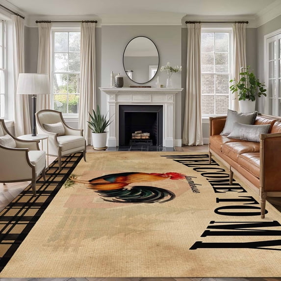WELCOME TO MY FARMHOUSE Washable Living Room Rugs 5'x7', Country Rooster Brown Stripe Red Barn Retro Low Pile Throw Large Area Rugs Non-Slip Sturdy Edge Binding Carpet for Dining Room Bedside Kitchen