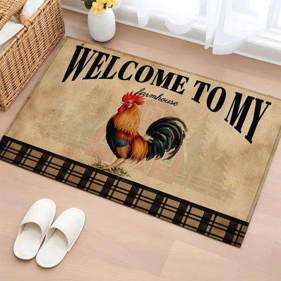 WELCOME TO MY FARMHOUSE Washable Small Entryway Area Rugs 2'x3', Country Rooster Brown Stripe Red Barn Retro Low Pile Throw Rug Non-Slip Sturdy Edge Binding Carpet for Front Door Floor Room Entry