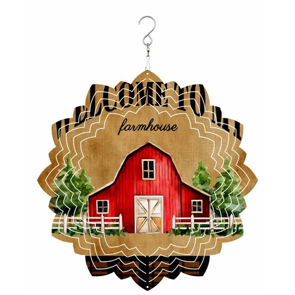 WELCOME TO MY FARMHOUSE Wind Spinner for Garden Yard 8In, Country Brown Stripe Red Barn Retro 3D Stainless Steel Kinetic Hanging Wind Spinners Rustproof Outdoor Decor for Lawn Patio Home