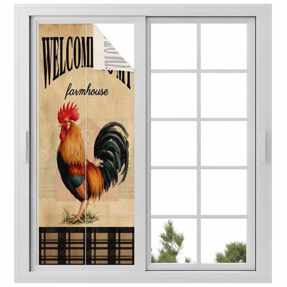 WELCOME TO MY FARMHOUSE Window Privacy Film, Country Rooster Brown Stripe Red Barn Retro Frosted Glass Window Clings Static Cling UV Heat Blocking Reusable Door Sticker for Bathroom 23.6 x 59 Inch