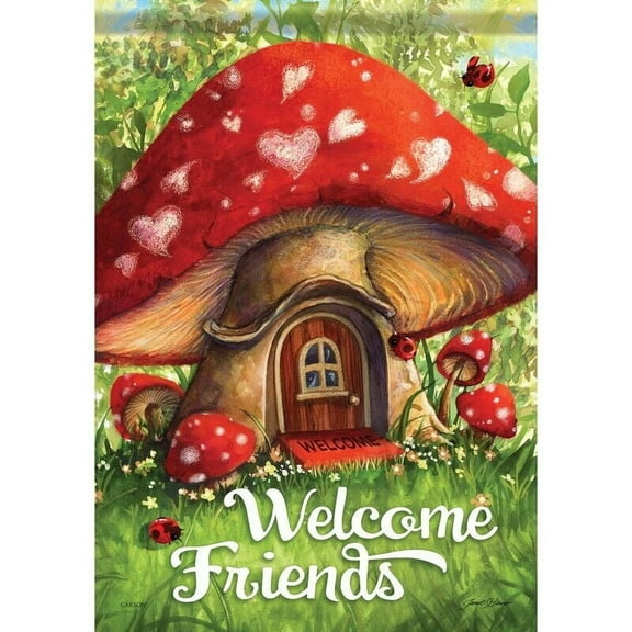 WELCOME FRIENDS Mushroom Cottage Large Dura Soft Garden Flag, 28" x 40", Carson