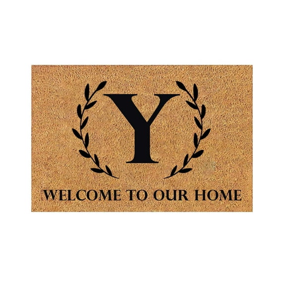 WELCOME TO OUR HOME Natural Jute Doormat & Floor Mat 24"x16", Monogram Y Scroll Design, Non-Slip Entryway Rug, Reversible Front Porch Mat, Farmhouse Decor