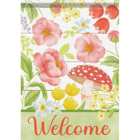 WELCOME Mushroom Floral Large Dura Soft Garden Flag, 28" x 40", by Carson