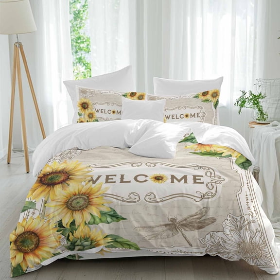 WELCOME Queen Size Comforter Set, Bee Sunflower Summer Vintage Borders Bedding for All Seasons, 4 Pcs Bed Set, 1Quiltcover (90"x92") ,1Sheet(94"x116"), 2Pillowcases (30"x20")
