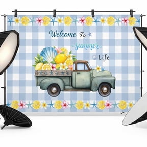 WELCOME TO SUMMER LIFE Photography Backdrop 7x5FT, Retro Truck Nautical Shell Starfish Blue Plaid Photo Backdrops, Background for Photography Studio Photo Studio Background, Back Drop for Photoshoot