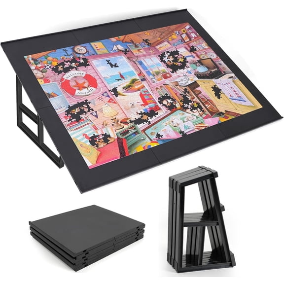 WELGEE 1000-Piecce Tilting Puzzle Board with Stand, 31” x 24” Lightweight Portable Puzzle Table for Adults & Seniors, DIY Customizable Puzzle Accessory Only 3.5 lbs (Black)
