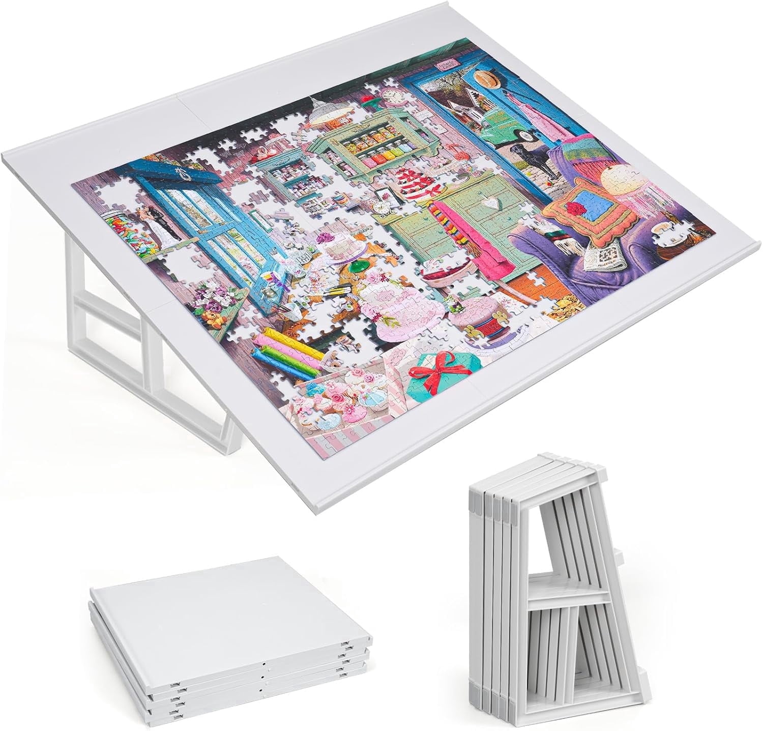 WELGEE 1000-Piecce Tilting Puzzle Board with Stand, Lightweight Portable Puzzle Table for Adults, DIY Customizable Puzzle Accessory(White)