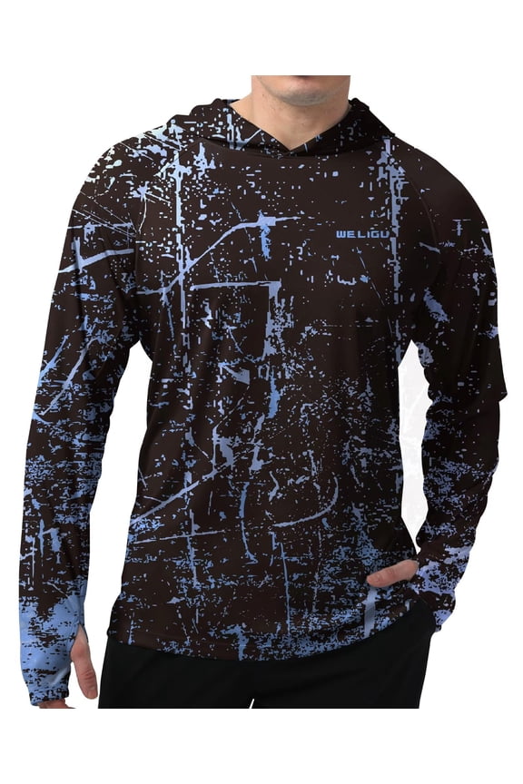 Men's Fishing Shirt Long Hoodie Sleeve Sun Protection UV UPF 50+ T-Shirts Outdoor Hiking Lightweight Fluorescent Blue 3X-Large