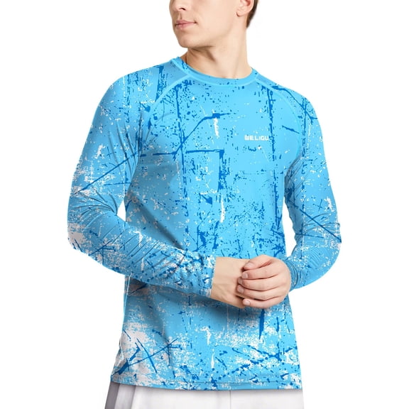 WELIGU Men's Swim UPF 50  Sun Protection Shirt Long Sleeve SPF Fishing Outdoor UV Hiking Lightweight Shirts Blue-Long-XL