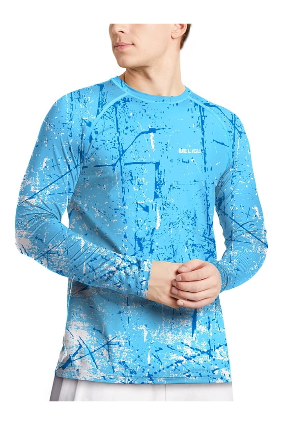 Men's Swim UPF 50+ Sun Protection Shirt Long Sleeve SPF Fishing Outdoor UV Hiking Lightweight Shirts Blue-Long-XXL