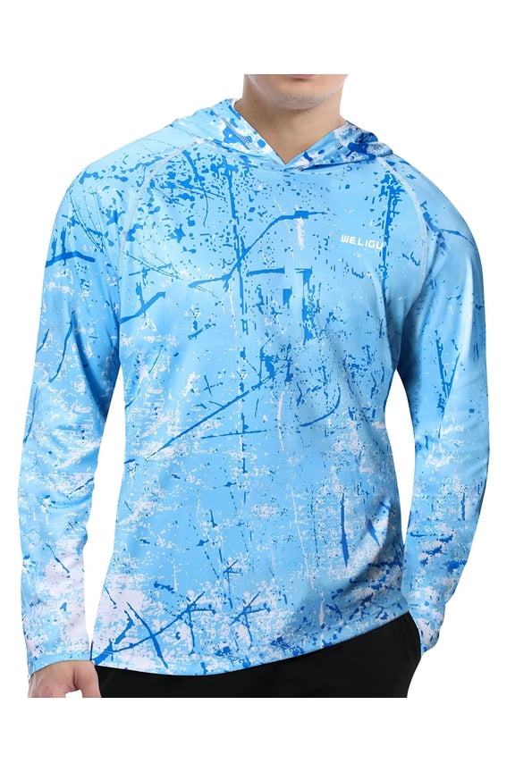 Men's UPF 50+ Sun Protection Hoodie Shirt Long Sleeve SPF Fishing Outdoor UV Hiking Shirts Lightweight Ocean Blue X-Large