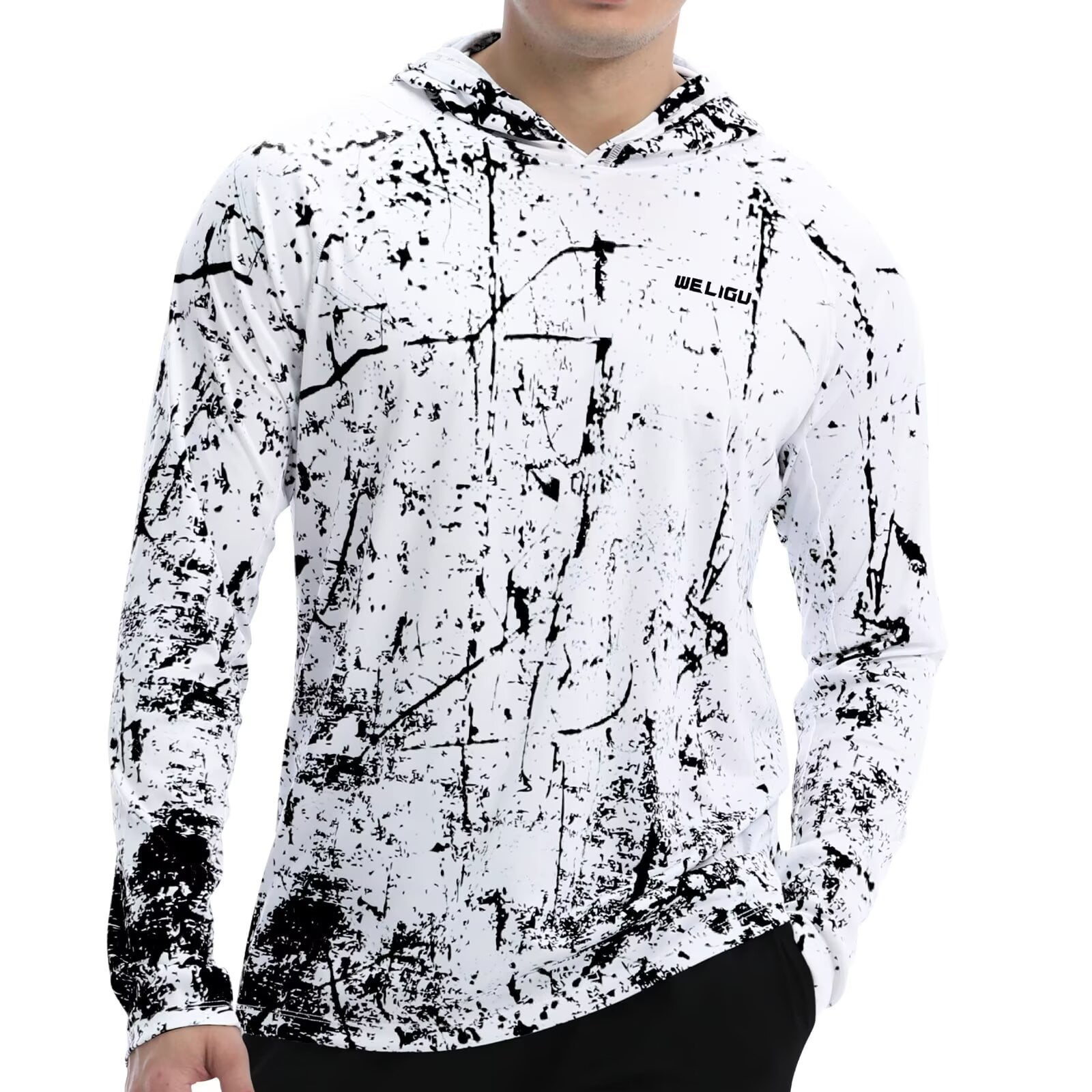 WELIGU Mens Shirts Sun Protection Fishing Shirt for Men UPF 50+ Moisture Wicking Rashguard Swimming Running Black and White Small