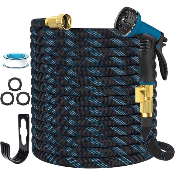 WELKA 100FT Non Expand Garden Hose, Heavy Duty Kink Resistant Water Hose with 10-Spray Nozzle & Solid Brass Fittings, Leakproof Fixed Length Hose for Yard, Lawn, Car Washing & Outdoor Cleaning