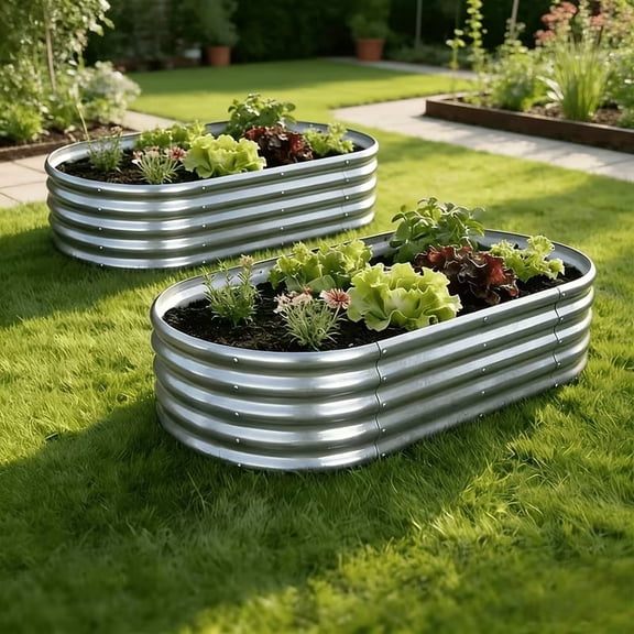 WELKA 2 Pack Galvanized Metal Raised Garden Bed, 4ft2ft1ft Oval Elevated Planter Box, Open Bottom Metal Raised Bed for Vegetables, Herbs, Flowers, Backyard Patio Outdoor Gardening