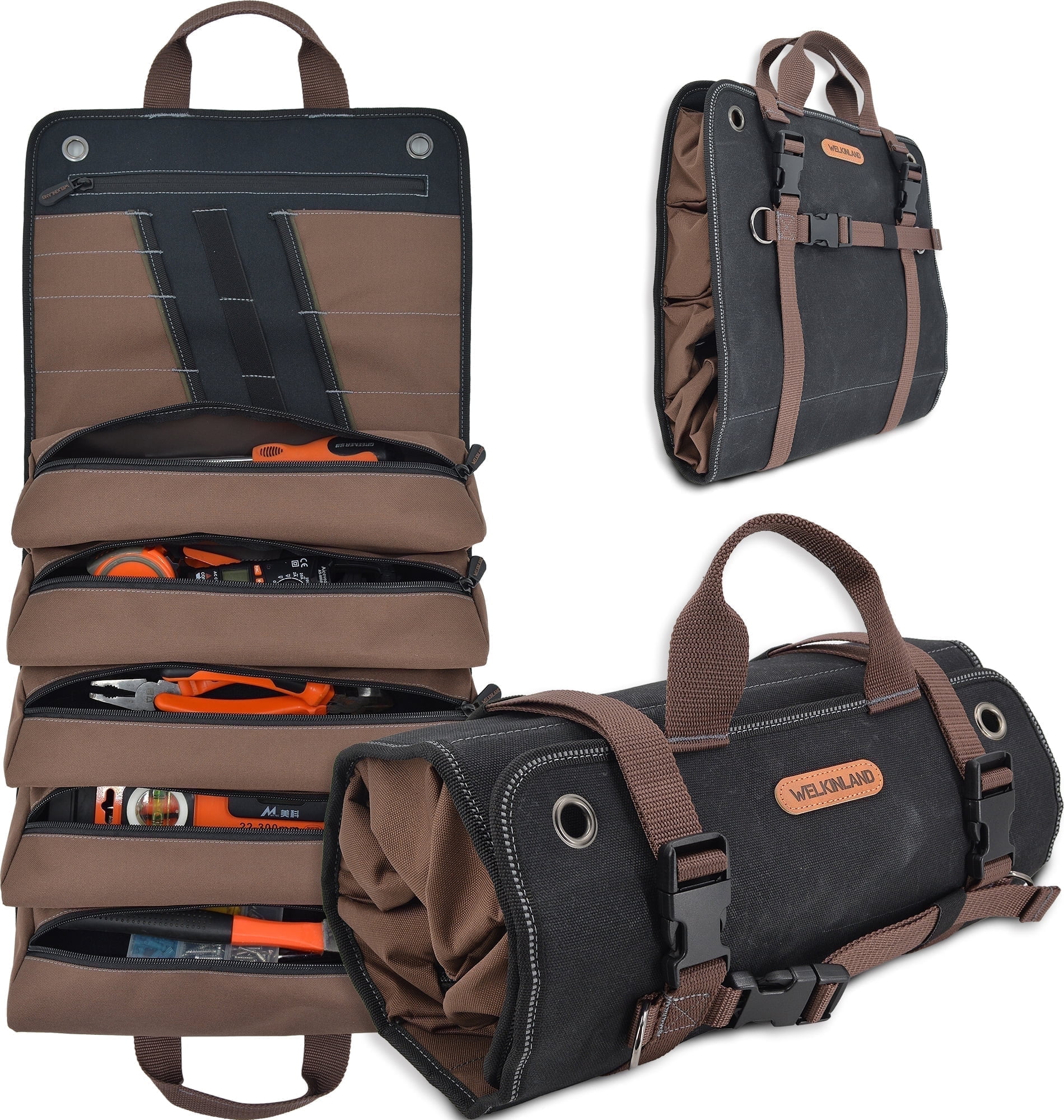 WELKINLAND Heavy-Duty Waxed Canvas 15-Pockets Tool Roll, 15L, Black