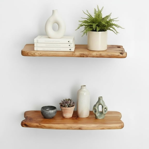WELLAND 16" Cedar Natural Edge Floating Shelf Set of 2, Rustic Style Wall Shelves