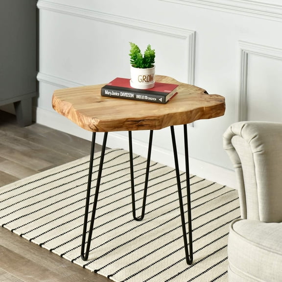 WELLAND 20.5" Tall Natural Cedar Wood Edge End Table, Wood Side Table Unique Tabletop Nightstand, Plant Stand
