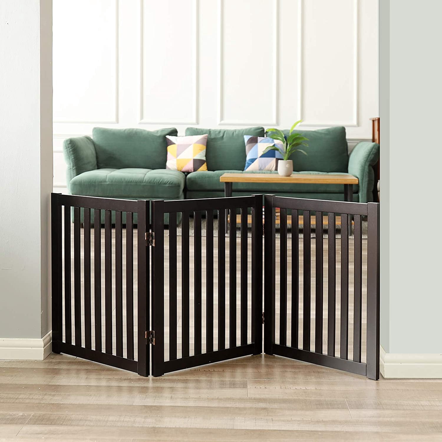 WELLAND 24" Freestanding Pet Gate, Foldable Indoor Wooden Dog Puppy Gate, 3 Panel Step Over Fence, Expands Up to 60" Wide, Espresso
