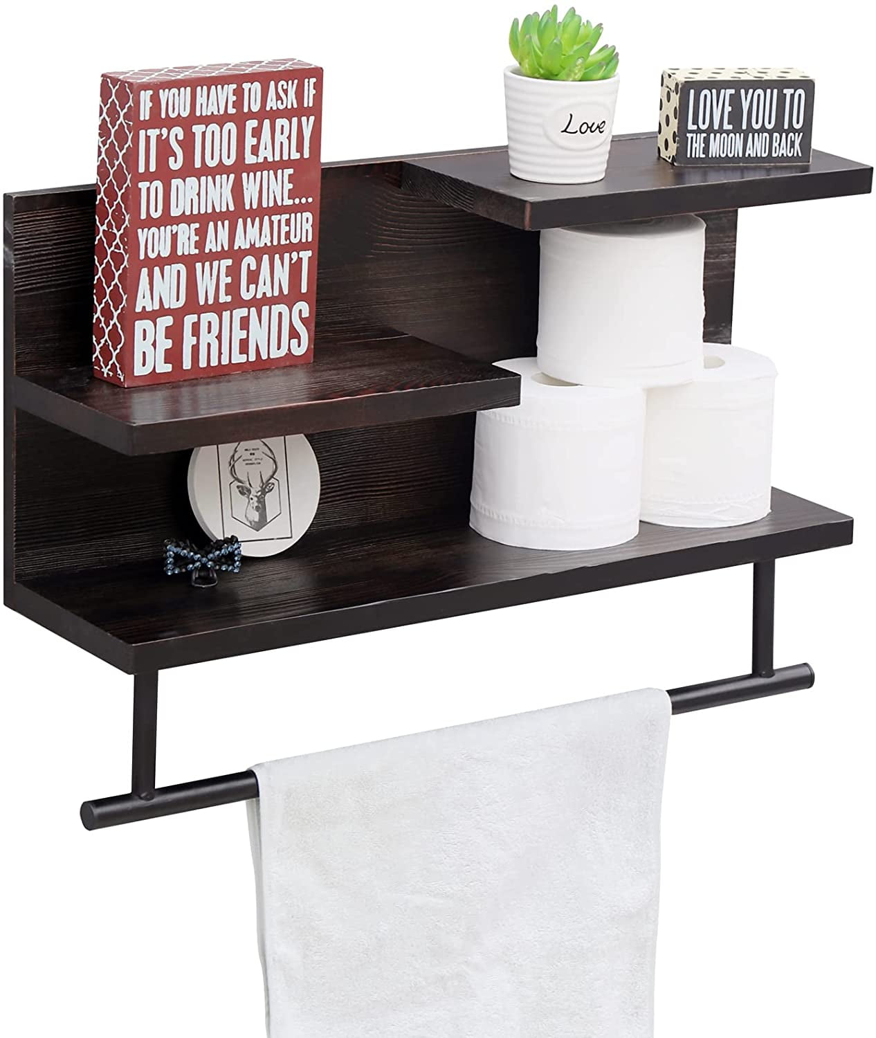 WELLAND 3 Tier Wood Wall Mounted Shelf Bathroom Floating Shelf with Towel Bar Utility Storage Shelf Rack 23.6 L x 6.5 W x 11 H Retro