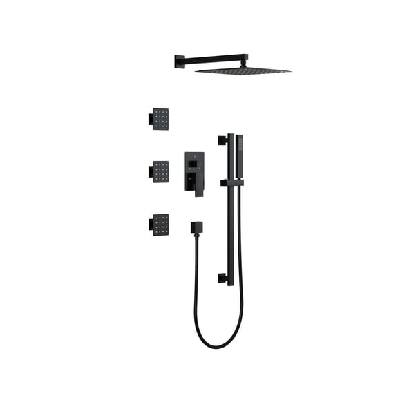 ANGELES HOME 12" Shower System with 3 Square Body Jets, Wall Mounted Shower Faucet Set, 3-function Diverter Shower System, Rainfall Shower Fixtures with Shower Valve and Trim Kit, Matte Black