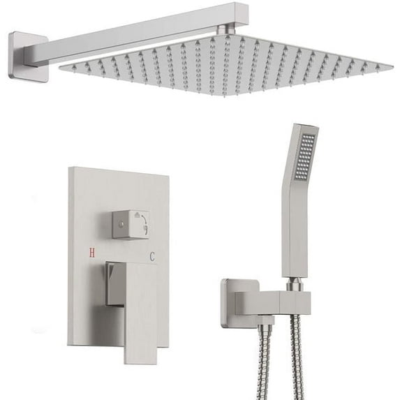 ANGELES HOME 12" Wall Mounted Shower Faucet Set, Shower System With Square Rain Shower Head and Handheld Shower, Rough in Valve, Hot Cold Water 2.5 GPM, Brushed Nickel