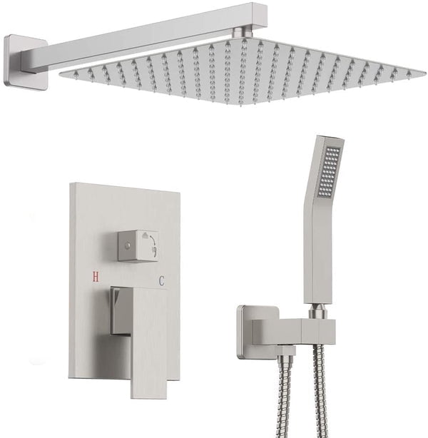 WELLFOR 12" Wall Mounted Shower Faucet Set, Shower System With Square Rain Shower Head and Handheld Shower, Rough in Valve, Hot Cold Water 2.5 GPM,  Brushed Nickel