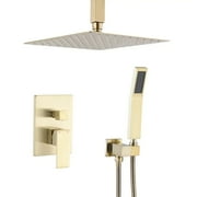 WELLFOR 2-Spray Dual Shower Head 12 in. Ceiling Mount Fixed and Handheld Shower Head 2.5 GPM in Brushed Gold (Valve Included)