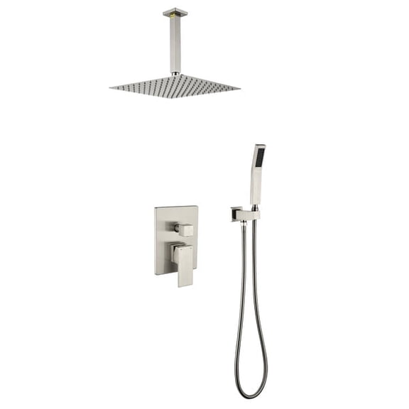 ANGELES HOME 2-Spray Dual Shower Head 12 in. Ceiling Mount Fixed and Handheld Shower Head 2.5 GPM in Brushed Nickel  (Valve Included)