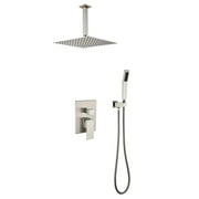 WELLFOR 2-Spray Dual Shower Head 12 in. Ceiling Mount Fixed and Handheld Shower Head 2.5 GPM in Brushed Nickel  (Valve Included)