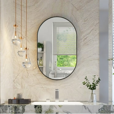 ANGELES HOME 20" x 32" Oval Bathroom Vanity Mirror, Wall Mounted Bathroom Mirror, Aluminum Wall Mirror for Bathroom, Copper Free Glass Vanity Framed Mirror, Matte Black