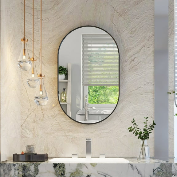 ANGELES HOME 20" x 32" Oval Bathroom Vanity Mirror, Wall Mounted Bathroom Mirror, Aluminum Wall Mirror for Bathroom, Copper Free Glass Vanity Framed Mirror, Matte Black