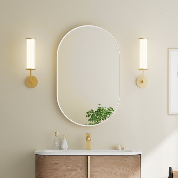 ANGELES HOME 20" x 32" Oval Bathroom Vanity Mirror, Wall Mounted Bathroom Mirror, Aluminum Wall Mirror for Bathroom, Copper Free Glass Vanity Framed Mirror, White