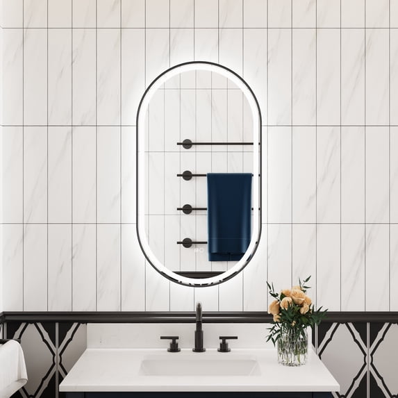 ANGELES HOME 20 x 36 Inch Oval Lighted Bathroom Vanity Mirror, Front and Backlit LED Mirror for Bathroom, Bathroom Lighted Mirror with Anti-Fog, 3 Colors Dimmable, Matte Black