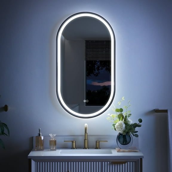 ANGELES HOME 20"x36" Oval Lighted Bathroom Vanity Mirror, Wall-Mounted Bathroom Lighted Mirror,  Led Mirror for Bathroom with Defogger, Dimmable, Tempered Glass, Matte Black