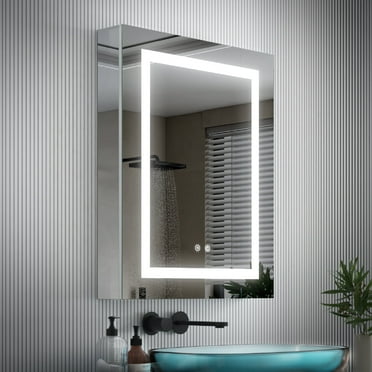 WELLFOR 24" x 30" LED Medicine Cabinet with Lights, Medicine Cabinet with Mirror, Surface or Recessed Mounted, Anti-Fog, Dimmable, Memory Function, Outlets & USB, Left Side