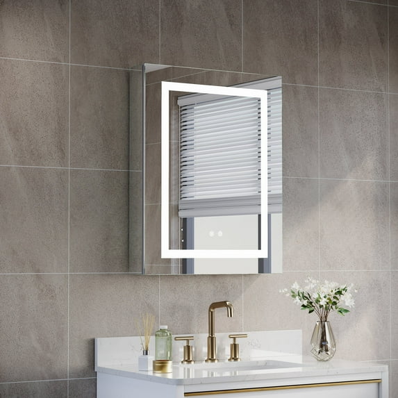 ANGELES HOME 24" x 30" LED Medicine Cabinet with Lights, Medicine Cabinet with Mirror, Surface or Recessed Mounted, Anti-Fog, Dimmable, Memory Function, Outlets & USB, Left Side