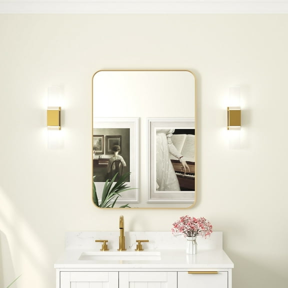 ANGELES HOME 24 x 32 Inch Bathroom Vanity Mirror, Aluminum Framed Wall Mirror, Horizontal/Vertical Mounted Rectangular Bathroom Mirror, Rectangle Vanity Framed Mirror for Wall, Brushed Gold