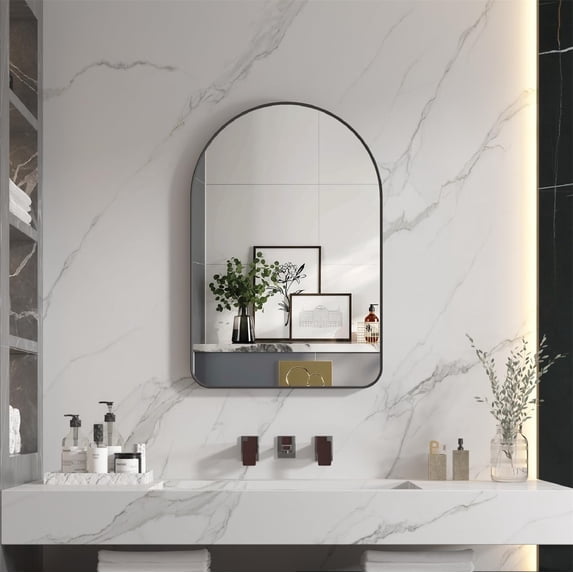 ANGELES HOME 24" x 36" Arched Bathroom Vanity Mirror, Wall Mounted Bathroom Mirror, Aluminum Wall Mirror for Bathroom, Copper Free Glass Vanity Framed Mirror, Matte Black