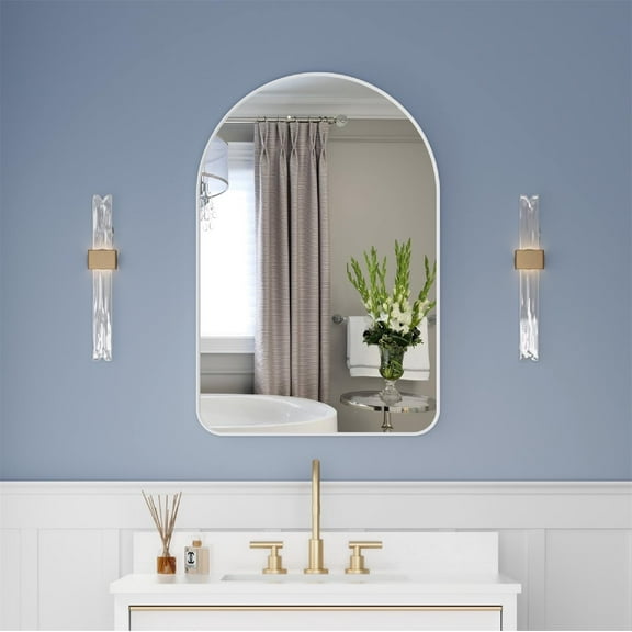 ANGELES HOME 24" x 36" Arched Bathroom Vanity Mirror, Wall Mounted Bathroom Mirror, Aluminum Wall Mirror for Bathroom, Copper Free Glass Vanity Framed Mirror, White