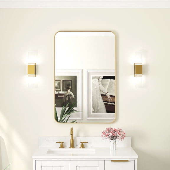 ANGELES HOME 24 x 36 Inch Bathroom Vanity Mirror, Aluminum Framed Wall Mirror, Horizontal/Vertical Mounted Rectangular Bathroom Mirror, Rectangle Vanity Framed Mirror for Wall, Brushed Gold