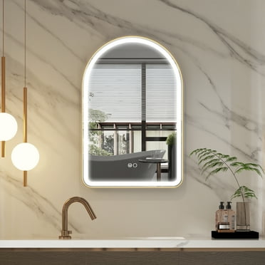 WELLFOR 24" x 36" Arched Lighted Bathroom Mirror, Framed Bathroom Vanity Mirror with Lights, Wall Mounted LED Mirror with Defogger, Dimmer, Memory Function, Brushed Gold