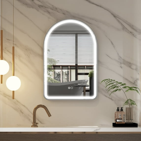 ANGELES HOME 24" x 36" Arched Lighted Bathroom Mirror, Framed Bathroom Vanity Mirror with Lights, Wall Mounted LED Mirror with Defogger, Dimmer, Memory Function, Matte Black