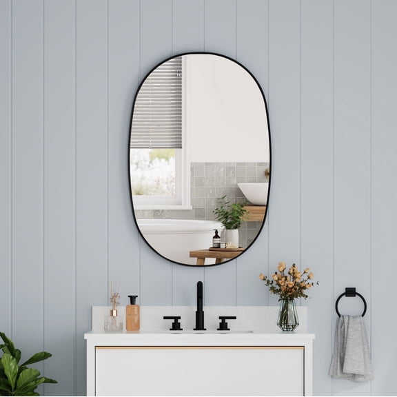 ANGELES HOME 24" x 36" Oval Bathroom Vanity Mirror, Wall Mounted Bathroom Mirror, Aluminum Wall Mirror for Bathroom, Copper Free Glass Vanity Framed Mirror, Matte Black